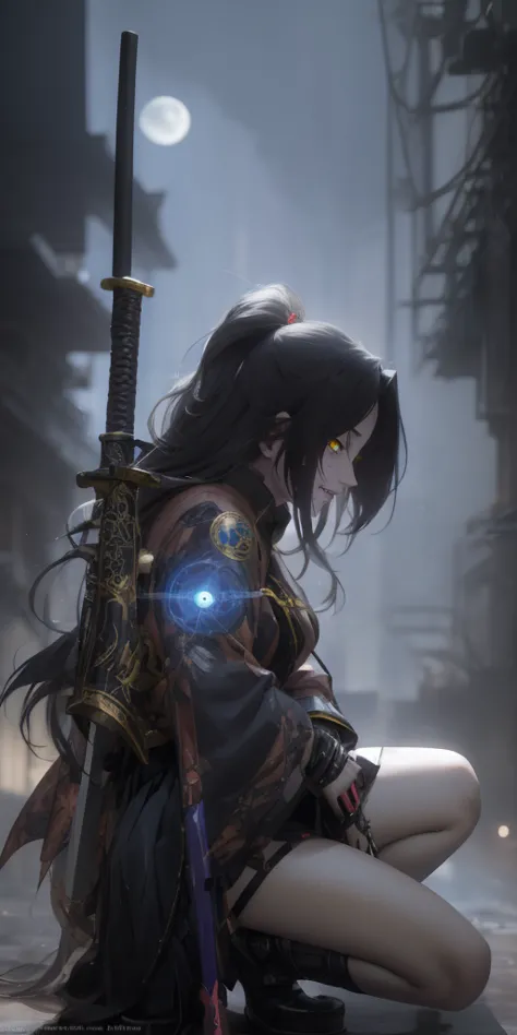 dominique_de_sade, black hair, long hair, yellow eyes, anime girl kneeling down with a sword in her hand, badass anime 8 k, artw...