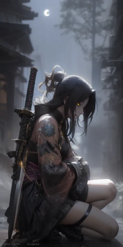 dominique_de_sade, black hair, long hair, yellow eyes, anime girl kneeling down with a sword in her hand, badass anime 8 k, artw...