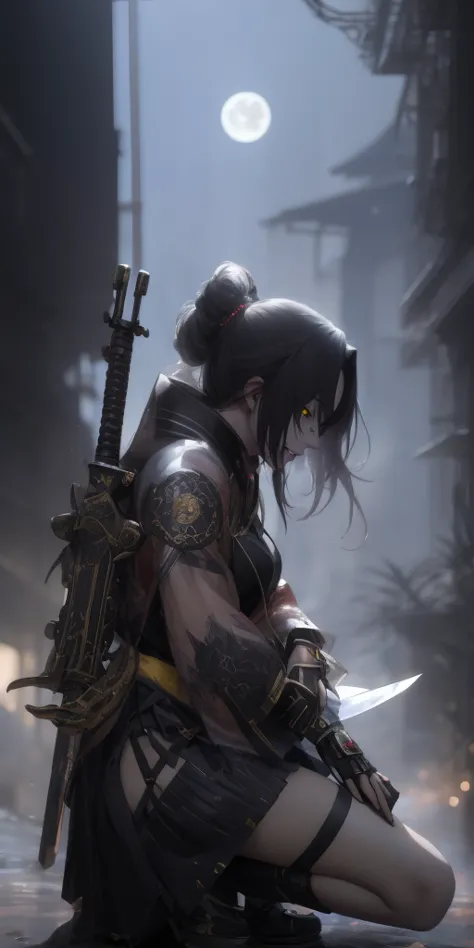 dominique_de_sade, black hair, long hair, yellow eyes, anime girl kneeling down with a sword in her hand, badass anime 8 k, artw...