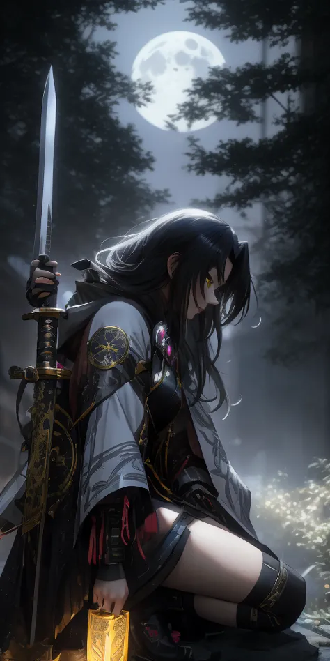 dominique_de_sade, black hair, long hair, yellow eyes, anime girl kneeling down with a sword in her hand, badass anime 8 k, artw...