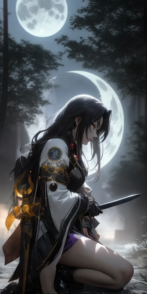 dominique_de_sade, black hair, long hair, yellow eyes, anime girl kneeling down with a sword in her hand, badass anime 8 k, artw...