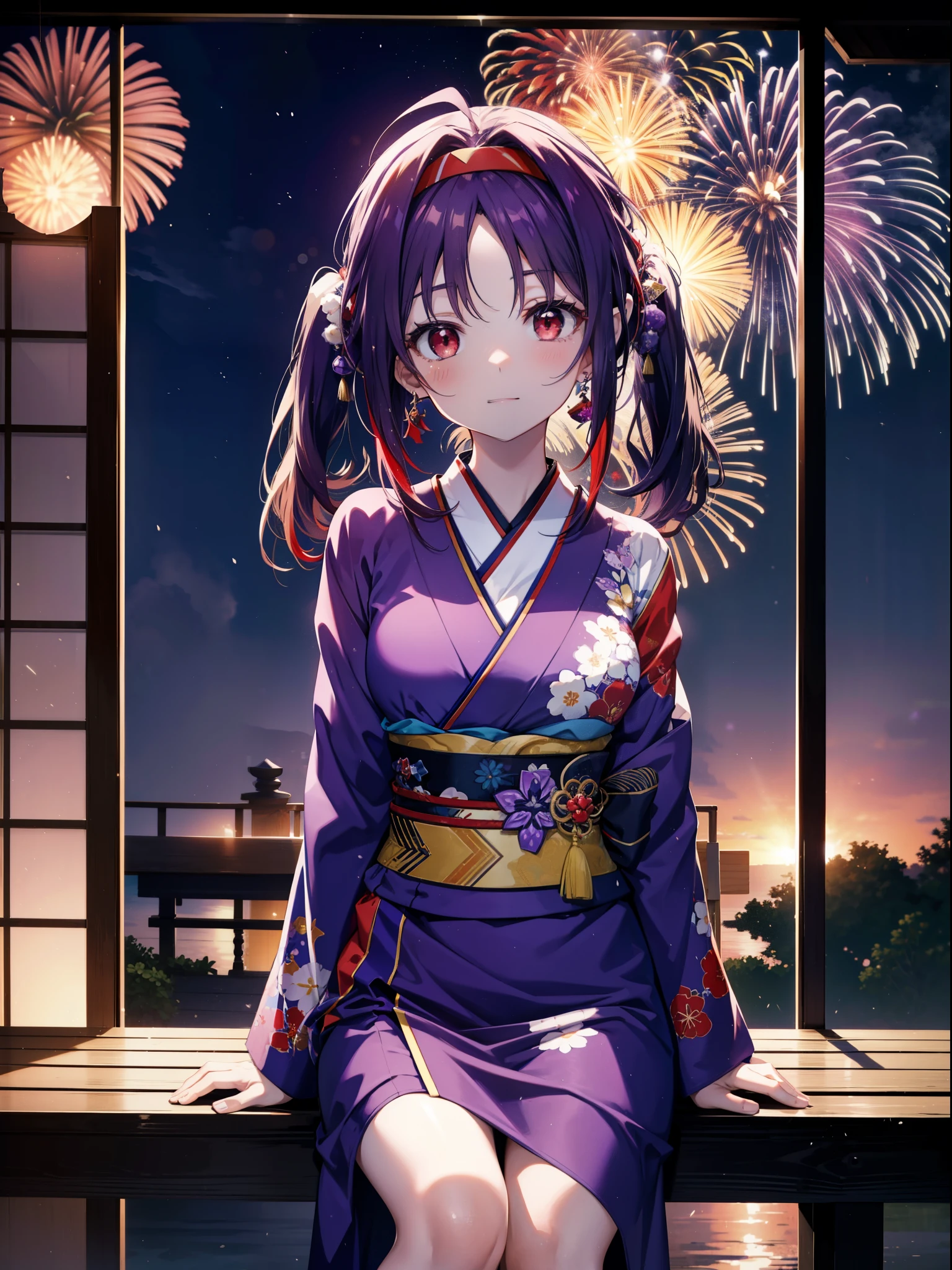 yuukikonno, Yuuki Konno, hair band, Long Hair, Pointed Ears, Purple Hair, Ahoge,(Red eyes:1.5), (Small breasts:1.2),low twin tail,smile,blush,Open your mouth,Purple Kimono,Purple long skirt,Fireworks in the night sky,Fireworks,The place is a fireworks display,Time is night,sunny day,Sitting on a bench,Wind Chimes,whole bodyがイラストに入るよう,
break looking at viewer, , whole body, (Cowboy Shot:1. 5)
break indoors, Veranda,Japanese garden,
break (masterpiece:1.2), Highest quality, High resolution, unity 8k wallpaper, (figure:0.8), (Beautiful attention to detail:1.6), Highly detailed face, Perfect lighting, Highly detailed CG, (Perfect hands, Perfect Anatomy),