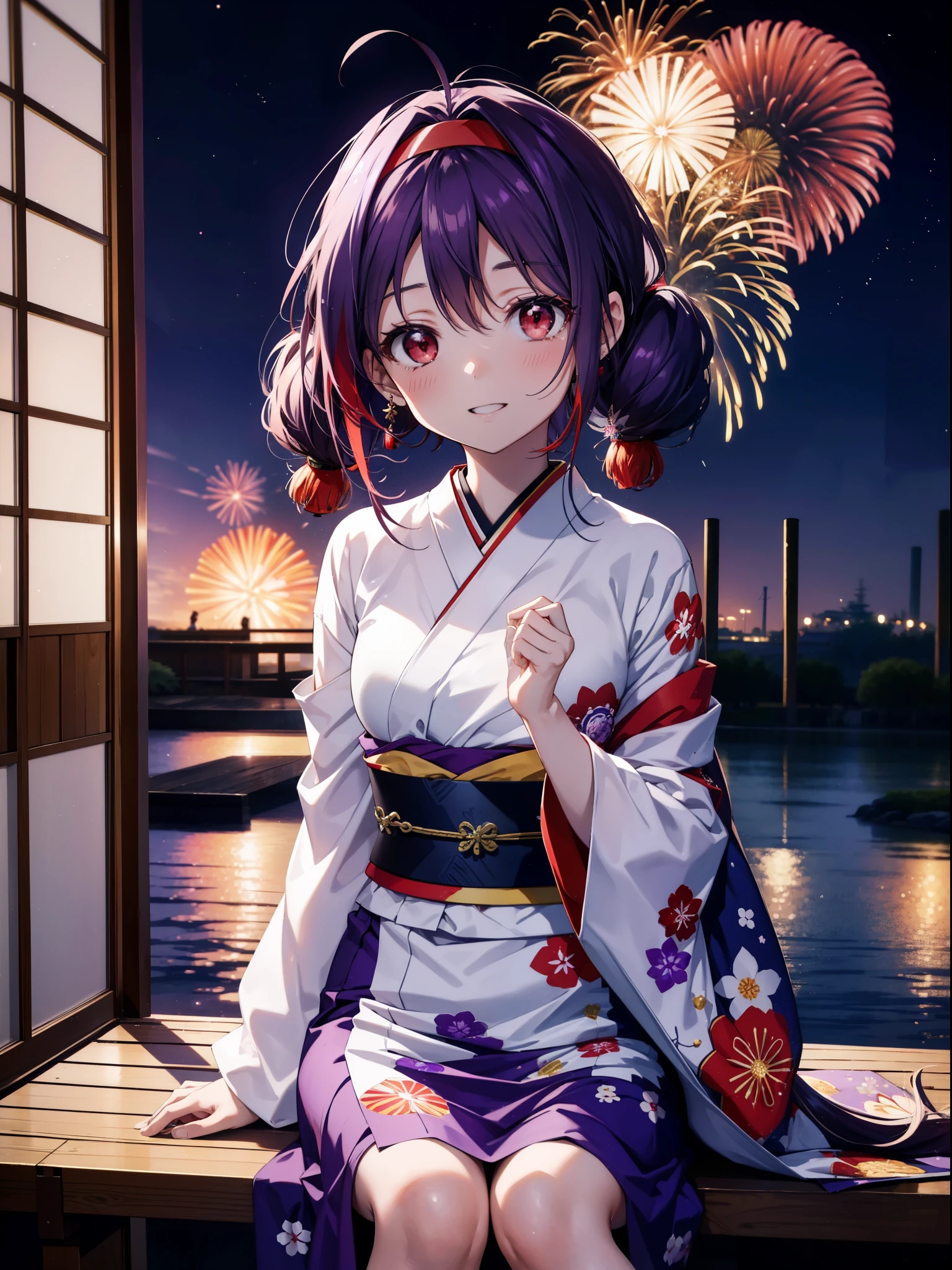 yuukikonno, Yuuki Konno, hair band, Long Hair, Pointed Ears, Purple Hair, Ahoge,(Red eyes:1.5), (Small breasts:1.2),low twin tail,smile,blush,Open your mouth,Purple Kimono,Purple long skirt,Fireworks in the night sky,Fireworks,The place is a fireworks display,Time is night,sunny day,Sitting on a bench,Wind Chimes,whole bodyがイラストに入るよう,
break looking at viewer, , whole body, (Cowboy Shot:1. 5)
break indoors, Veranda,Japanese garden,
break (masterpiece:1.2), Highest quality, High resolution, unity 8k wallpaper, (figure:0.8), (Beautiful attention to detail:1.6), Highly detailed face, Perfect lighting, Highly detailed CG, (Perfect hands, Perfect Anatomy),