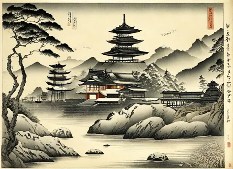 japanese painting, landscape, east asian architecture