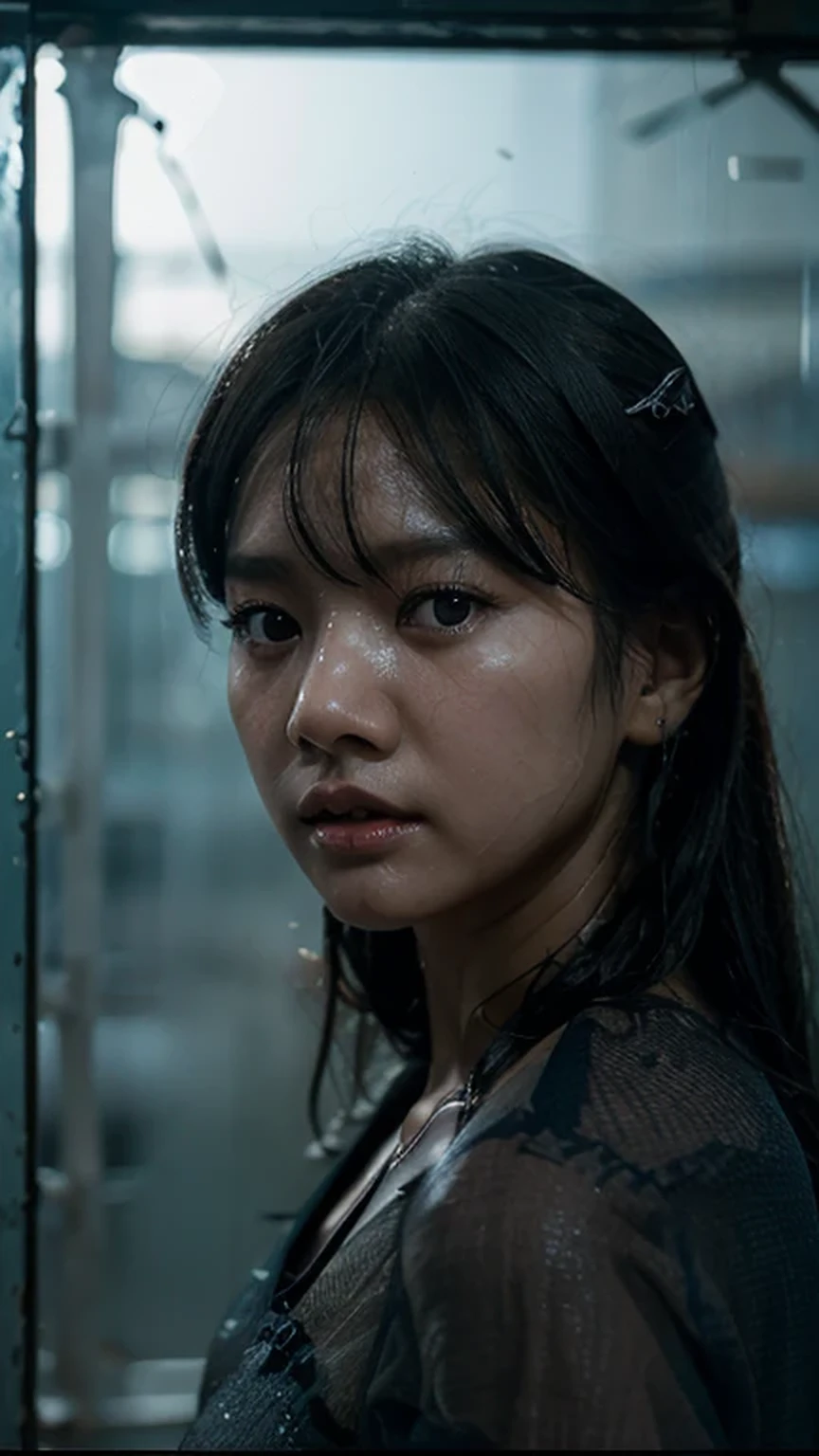 A photo that captures a dramatic and haunting scene of a korean woman's bare face, a hint of sweat visible on her skin, natural lips color, with blue eyes color, unkempt black hair visible through shattered glass, the glass grating into irregular shapes, with the light reflecting off the jagged edges, the woman's expression it's charming and intense, with her eyes staring into the distance, the background dark and slightly blurred, emphasizing the shattered glass and the woman's features.
Fog and water drops visible in the glass, mysterious atmosphere, chiarosuro, octane rendering