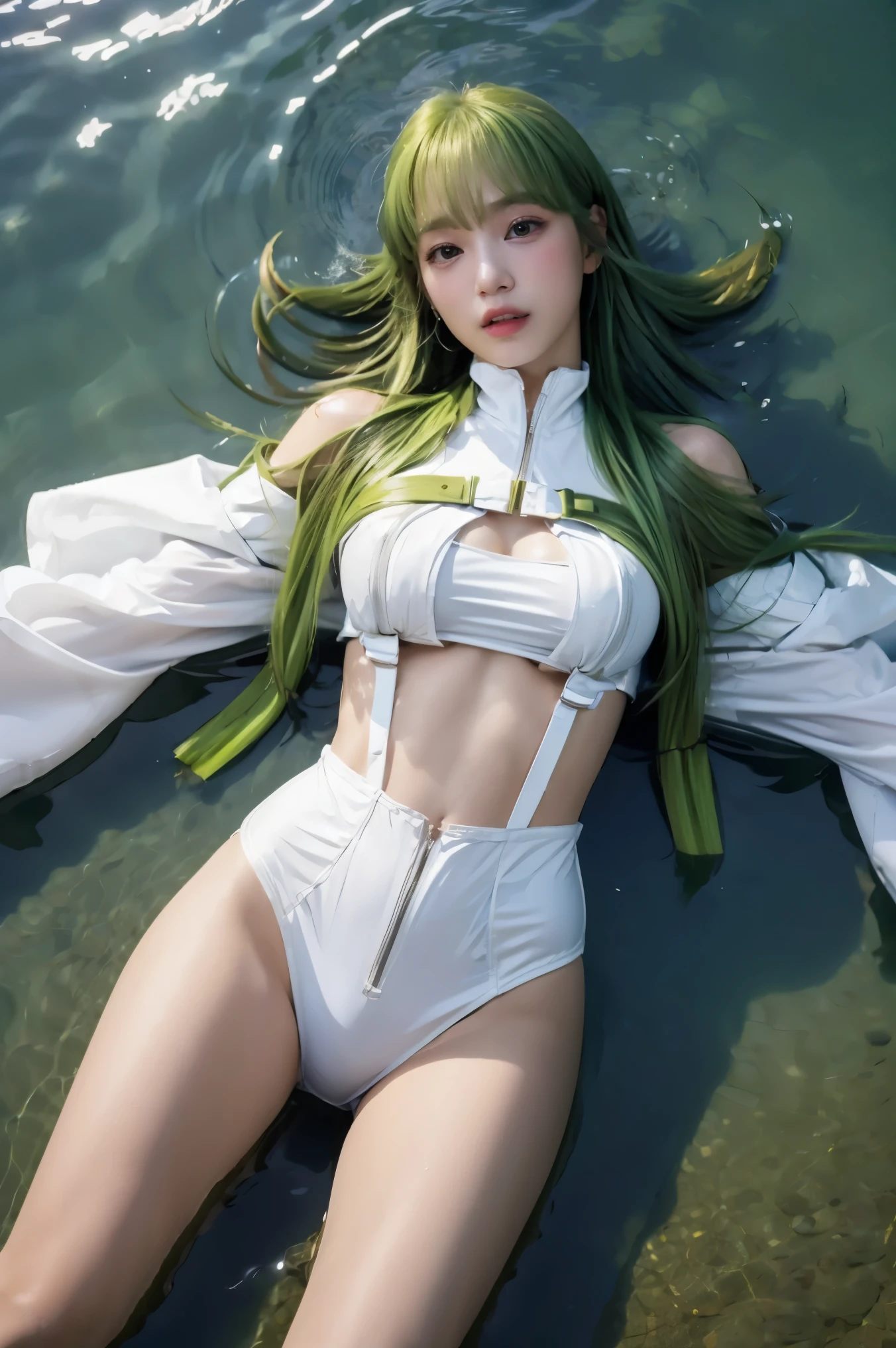 (masterpiece, best quality, detailed), 1girl, solo, looking at viewer, c.c., yellow eyes, green hair, long hair, bangs, medium breasts, straitjacket, white bodysuit, white shoes, water, partially submerged, from above, afloat, shallow water, parted lips, lying, on back, long sleeves, wide sleeves,