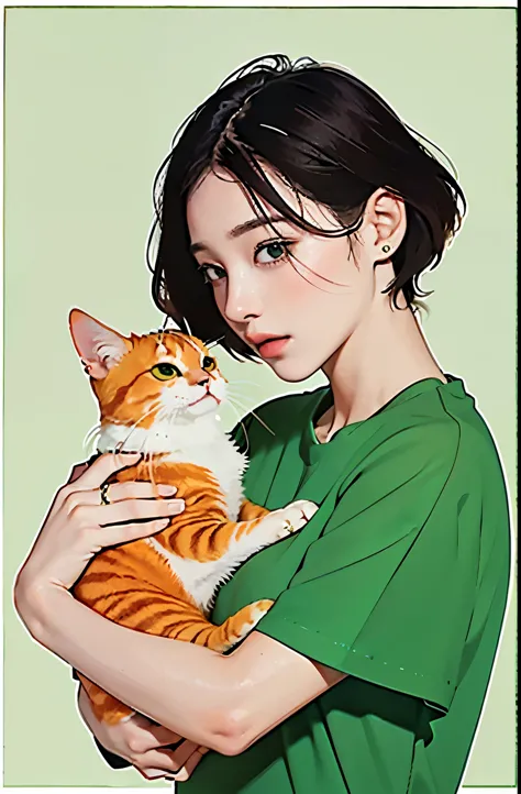 orange cat hug, masterpiece, top quality, girl, short hair over shoulders, mint green background, ulzan