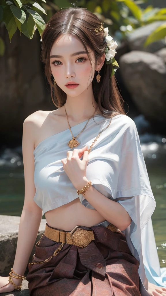 (RAW photos:1.2), (realistic:1.4), (Masterpiece:1.3), (best quality:1.4), Ultra high resolution, (Detailed eyes), (Detailed facial features), (Detailed clothing features), HDR, 8K resolution, focus only, Dressing according to Thai tradition, Traditional shawl , 1 woman , big breasts, A gigantic rift, big breastsดันเสื้อผ้า, big breast, Your breasts will grow to their full size...., Make your breasts bigger.., small waist, Long legs, Facing the audience, full body, depth of field, Cinema-grade lighting system, big breasts,  Too big for your body, Revealing a flat stomach, The lower half of the chest can be seen...., Sexy sitting posture, Pictures from eye-catching angles, Correct picture composition, The picture is complete.., flowing waterfall, flowing river