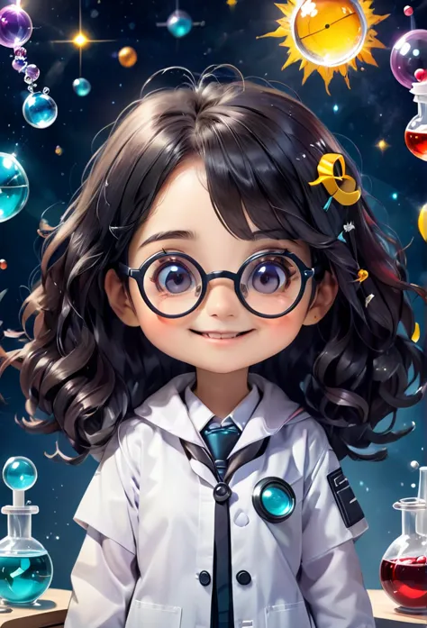 (((chibi baby))) chemistry mascot mascot, atoms, molecules ,has black hair , blind box style and model with popular market style...