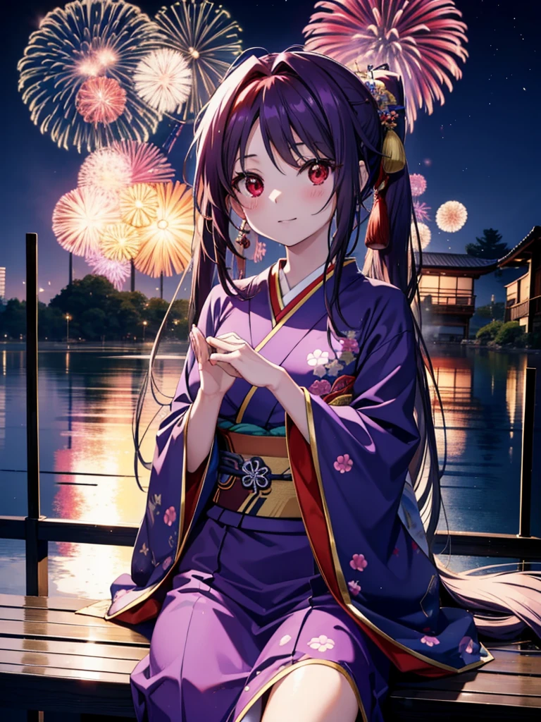 yuukikonno, Yuuki Konno, banda para el cabello, pelo largo, orejas puntiagudas, cabello morado, ahogo,(ojos rojos:1.5), (senos pequeños:1.2),cola gemela baja,sonrisa,rubor,Abre la boca,kimono morado,falda larga morada,fuegos artificiales in the night sky,fuegos artificiales,El lugar es un espectáculo de fuegos artificiales.,el tiempo es noche,Día soleado,sentado en un banco,campanas de viento,todo el cuerpoがイラストに入るよう,
BREAK mirando al espectador, , todo el cuerpo, (tiro de vaquero:1. 5)
Descansar en el interior, Veranda,Jardín japonés,
break (obra maestra:1.2), de la máxima calidad, alta resolución, Fondo de pantalla de unidad 8k, (cifra:0.8), (Hermosa atención al detalle.:1.6), rostro muy detallado, iluminación perfecta, Altamente detallado CG, (Manos perfectas, anatomía perfecta),