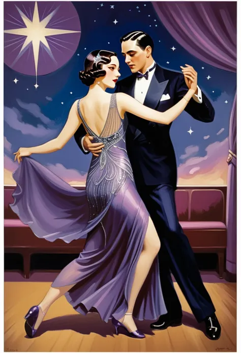 dancing the tango男女, art deco ballroom, 1920s, man facing forward, woman turning away from the viewer, dancing the tango, the wo...