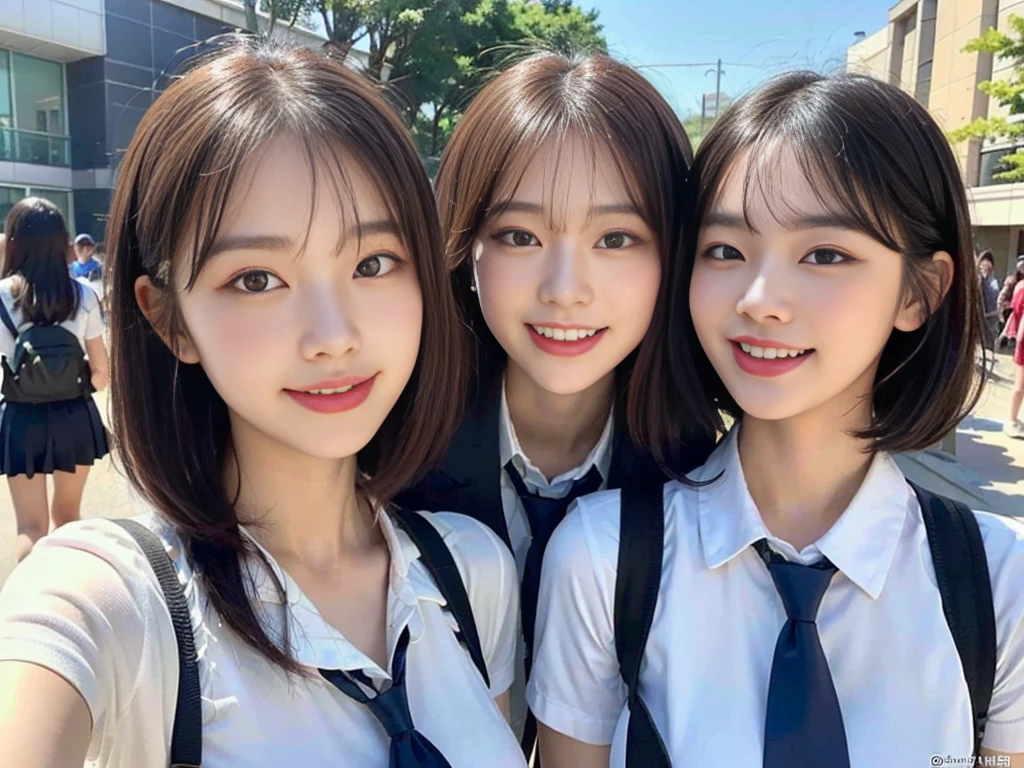 (A super cute Korean schoolgirl takes a commemorative photo while walking with her beautiful best friend:1.2)(laughing:1.2)(Beautiful Sweat:1.1)(16K, RAW Photos, Highest quality, masterpiece: 1.2),(Her shiny, beautiful black bob hair sways softly in the wind.:1.1) Super detailed, Super Resolution, (Genuine, Genuine photos: 1.37), Portraiture, High-resolution RAW color photos, Professional photos, Very detailed, 8k wallpaper, Very detailed CG Unity 8k wallpaper, Very detailed beautiful girls, Very detailed faces, ((whole body)), beautiful woman, Huge breasts,(huge boobs:1.1) (Big Boobs:1.1), beautiful  (Cute school uniforms,School-designated summer short-sleeved shirt＆Red tie and shirt uniform),high school girl, Korean Girls,(K-POP Female Idols), (Idol-class beauty)(Beautiful high school girl:1.1)(Riverbank on a sunny day)((15 years old)(Date:1.2)(Group photo)Headband(NSFW:1.1)(combination)