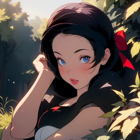 (masterpiece, best quality), beautiful girl, 
snow white, lying, (detailed beautiful eyes) medium body shot, short black hair, r...