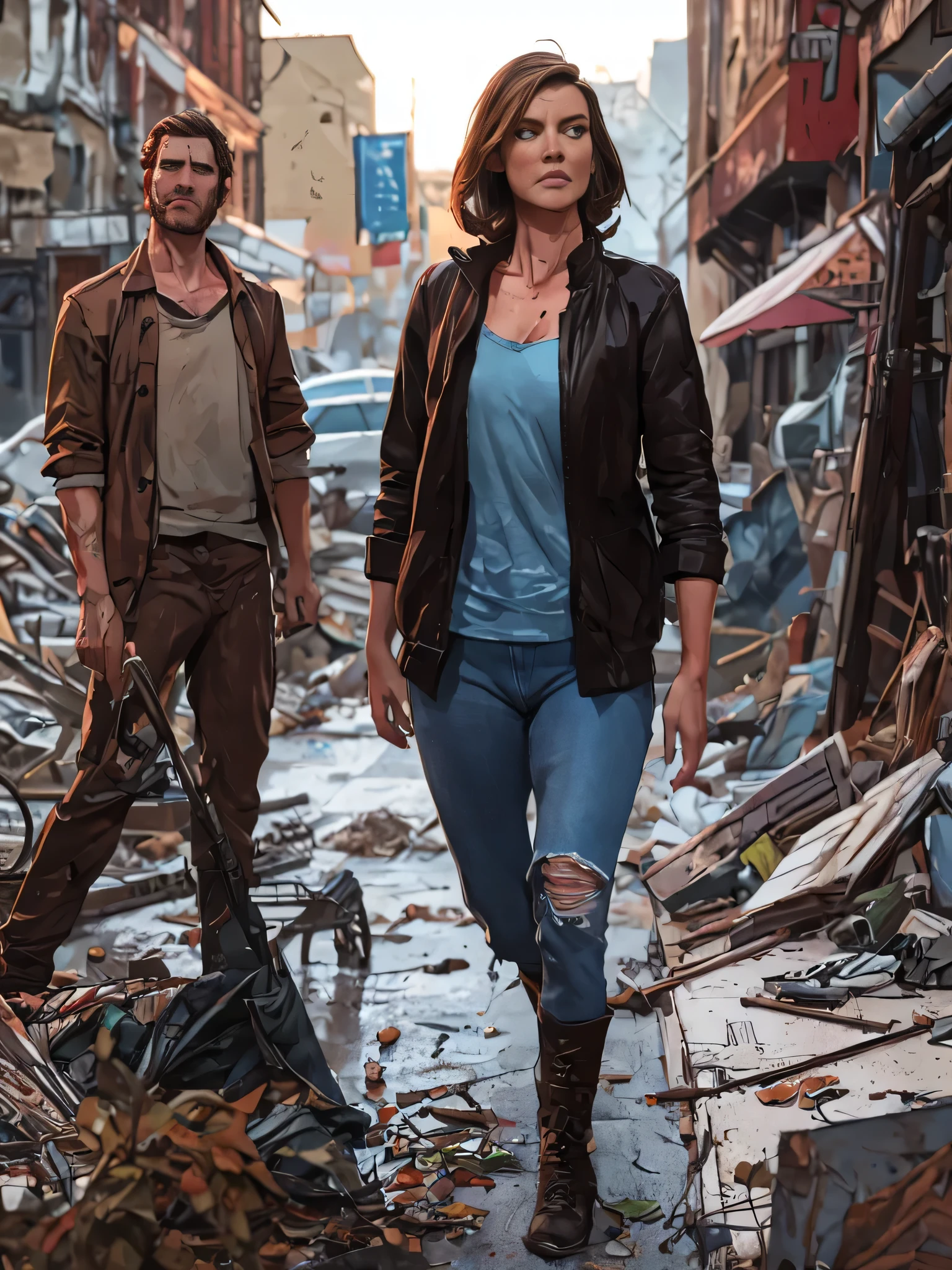 A beautiful 1woman, solo, standing alone in a devastated city, in the style of The Walking Dead TV series, with a highly detailed, realistic face, comic book-inspired costume and body, and an epic, photorealistic digital portrait. The background features a destroyed city with zombies lurking in the distance, conveying the gritty, post-apocalyptic atmosphere of the show. ((More detail, enhanced_ photorealistic))