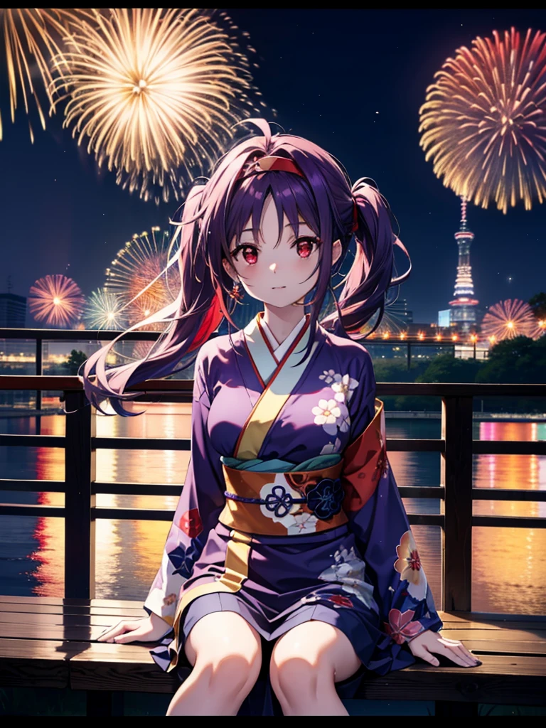 Yuukikonno, Yuuki Konno, bandeau pour cheveux, cheveux longs, oreilles pointues, cheveux violets, ahogé,(les yeux rouges:1.5), (Petits seins:1.2),queue double basse,sourire,rougir,Ouvrez la bouche,kimono violet,jupe longue violette,feux d&#39;artifice in the night sky,feux d&#39;artifice,L&#39;endroit est un feu d&#39;artifice,le temps est la nuit,journée ensoleillée,Assis sur un banc,carillons éoliens,tout le corpsがイラストに入るよう,
casser looking at viewer, , tout le corps, (tir de cow-boy:1. 5)
casser indoors, véranda,jardin japonais,
casser (chef-d&#39;œuvre:1.2), la plus haute qualité, haute résolution, unité 8k fond d&#39;écran, (chiffre:0.8), (Belle attention aux détails:1.6), Visage très détaillé, éclairage parfait, CG très détaillé, (des mains parfaites, Anatomie parfaite),