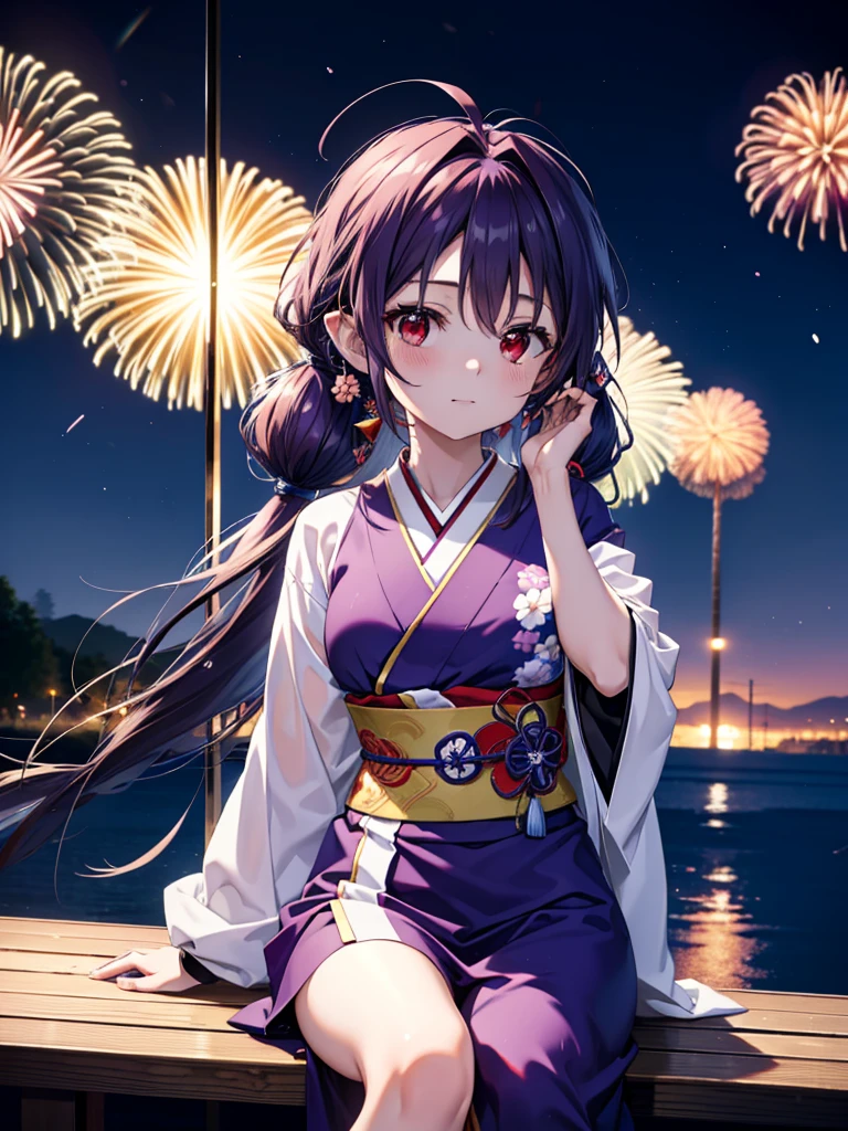 yuukikonno, Yuuki Konno, hair band, Long Hair, Pointed Ears, Purple Hair, Ahoge,(Red eyes:1.5), (Small breasts:1.2),low twin tail,smile,blush,Open your mouth,Purple Kimono,Purple long skirt,Fireworks in the night sky,Fireworks,The place is a fireworks display,Time is night,sunny day,Sitting on a bench,Wind Chimes,whole bodyがイラストに入るよう,
break looking at viewer, , whole body, (Cowboy Shot:1. 5)
break indoors, Veranda,Japanese garden,
break (masterpiece:1.2), Highest quality, High resolution, unity 8k wallpaper, (figure:0.8), (Beautiful attention to detail:1.6), Highly detailed face, Perfect lighting, Highly detailed CG, (Perfect hands, Perfect Anatomy),