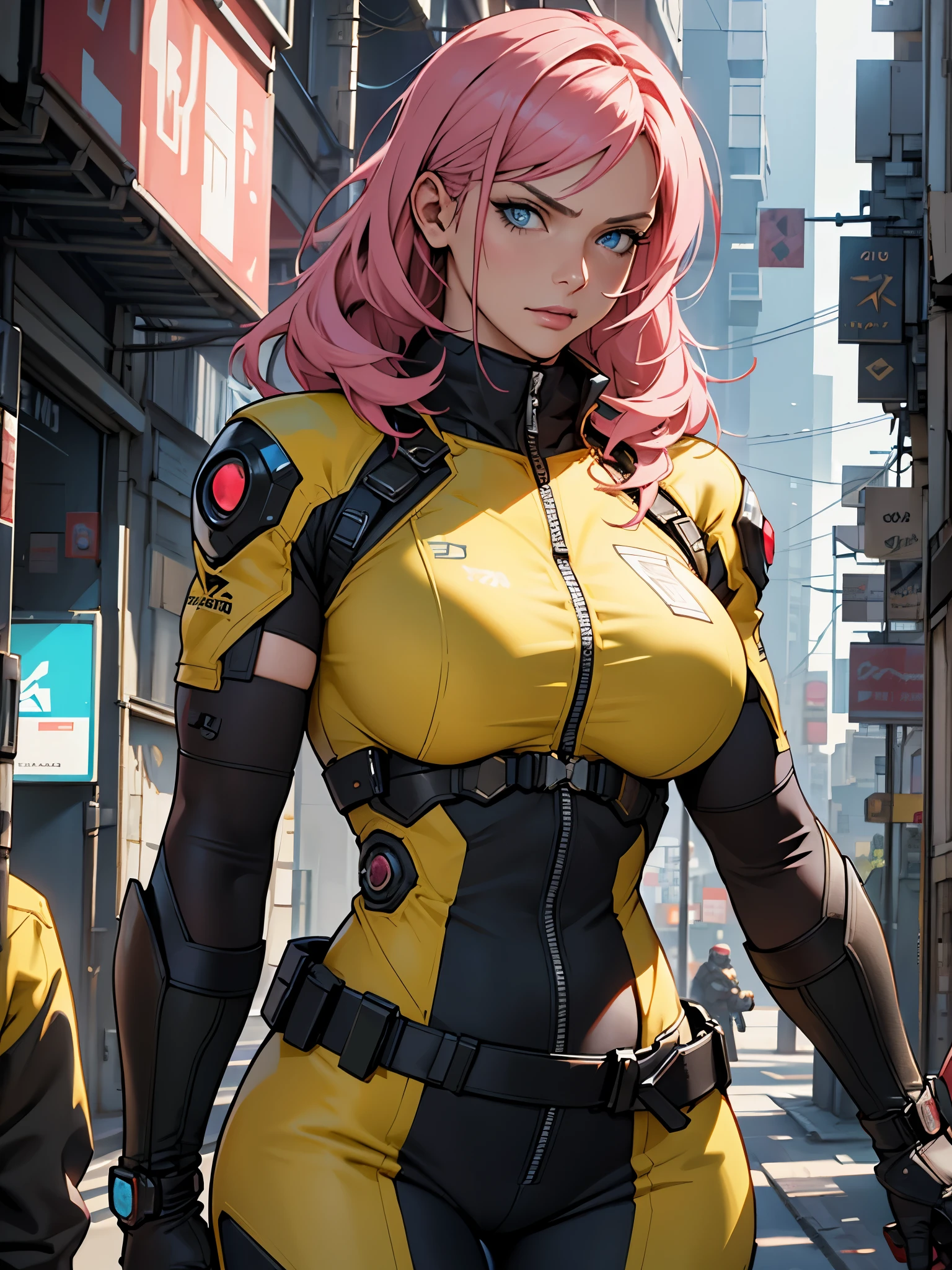 Fake body and  , Mature woman  in metal rising revengeance body details, foto de busto, big pink hair, shining blue eyes, wearing a mustard yellow jumpsuit, breasts big, 35 years old, eye on the spectator, Look to the camera, , the background is a cyberpunk city, revegeance expression, foco no rosto, de frente, foco no busto, riaden armor of metal gear rising, busty woman,pronto para lutar, mini saia roxa e branca, expressão intensa, fundo branco liso, ambiente frio, vapor subindo, movimento dinâmico, atitude confiante, atmosfera fria
