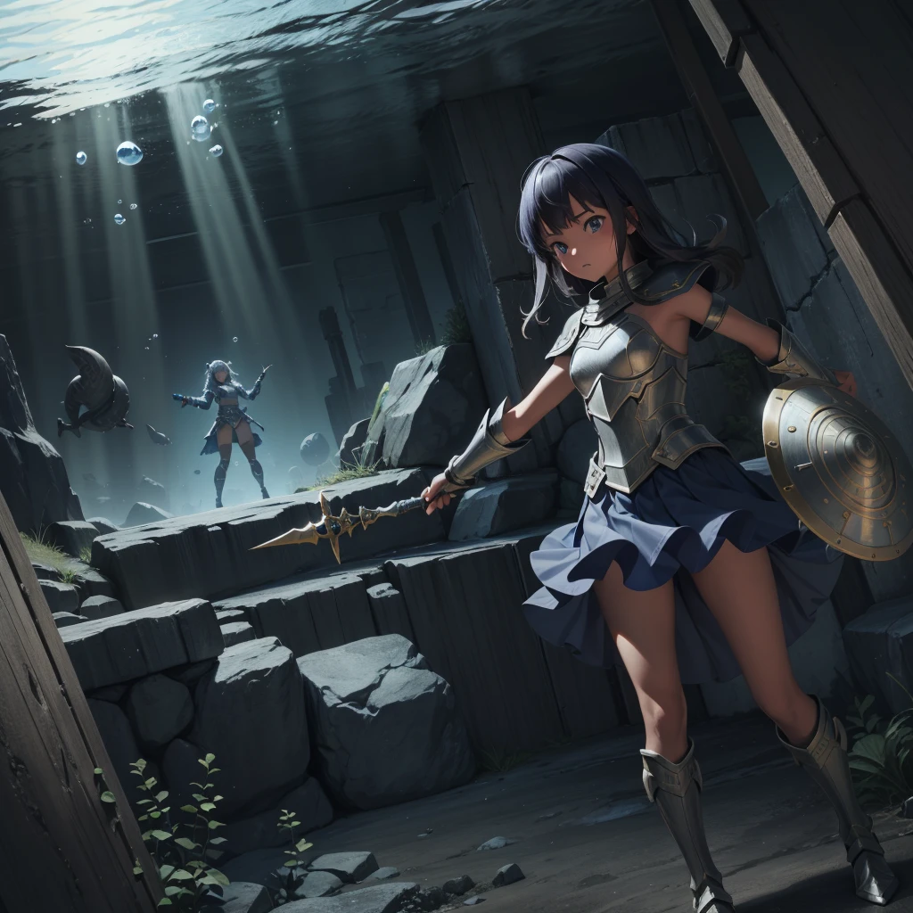 最high quality、high quality、Simple cloth armor、１０Year-old girl adventurer、Dark underground maze、Matt、skirt、Equipped with a dagger and a shield, The lower body is underwater, Underwater Photography、浮力でskirtがめくれる