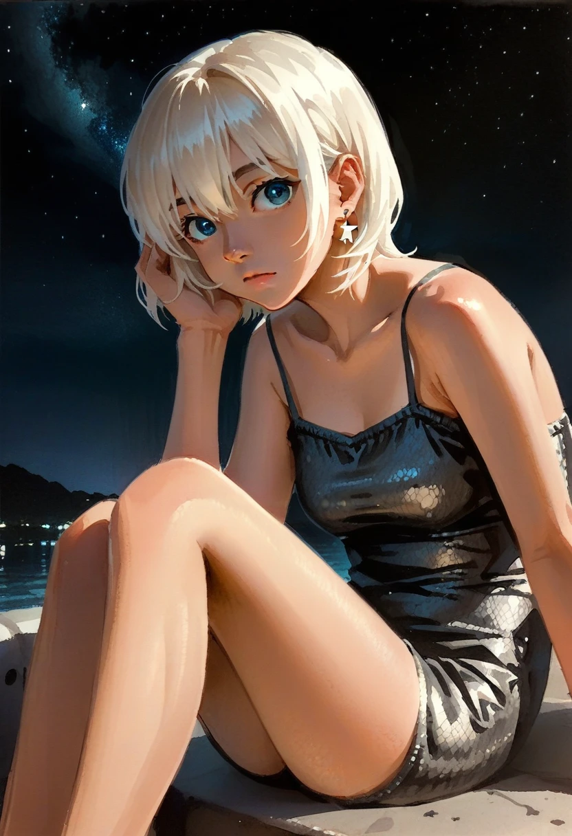 zPDXL2, score_9, score_8_up, score_7_up, source_anime, 1girl, solo, tanned skin, cute, blue eyes, white hair, short hair, bangs, earrings, legs, legs, medium drift, night, stars, seated, legs, sexy legs,
Picturesque, fake traditional media, realistic,
ToxicPunkAI 
ruanyi0735,spaghetti strap,bodysuit,animal print,python print, watercolor, ink