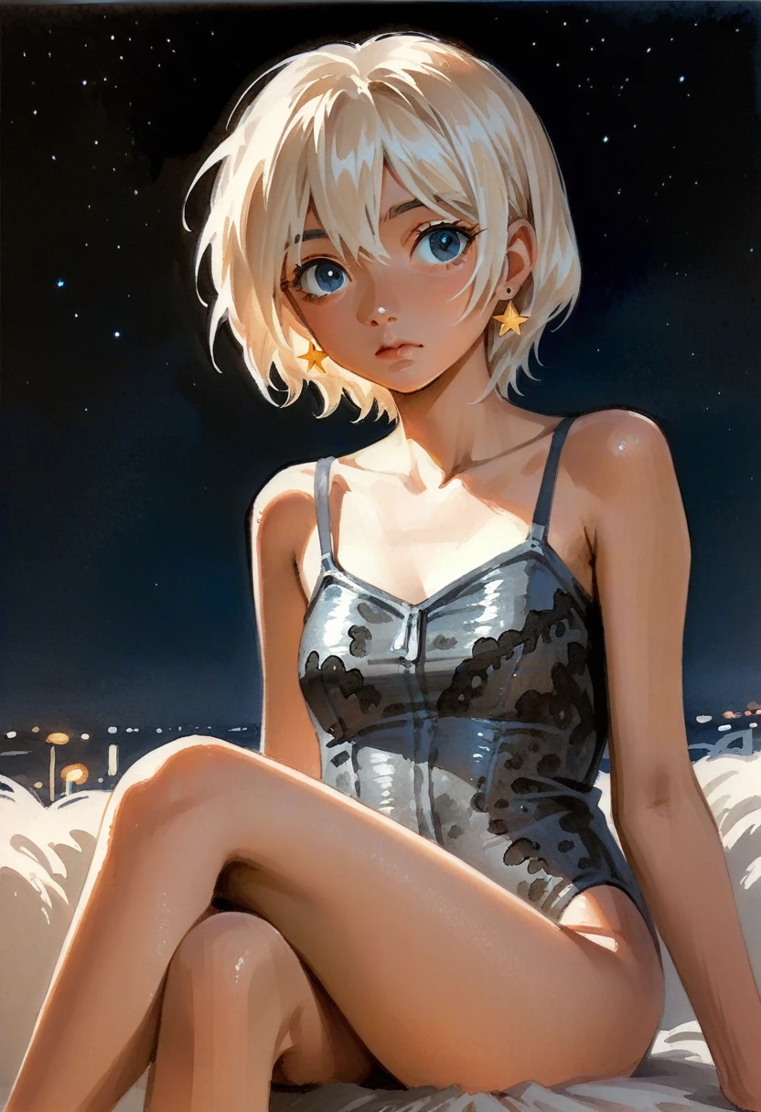 zPDXL2, score_9, score_8_up, score_7_up, source_anime, 1girl, solo, tanned skin, cute, blue eyes, white hair, short hair, bangs, earrings, legs, legs, medium drift, night, stars, seated, legs, sexy legs,
Picturesque, fake traditional media, realistic,
ToxicPunkAI 
ruanyi0735,spaghetti strap,bodysuit,animal print,python print, watercolor, ink