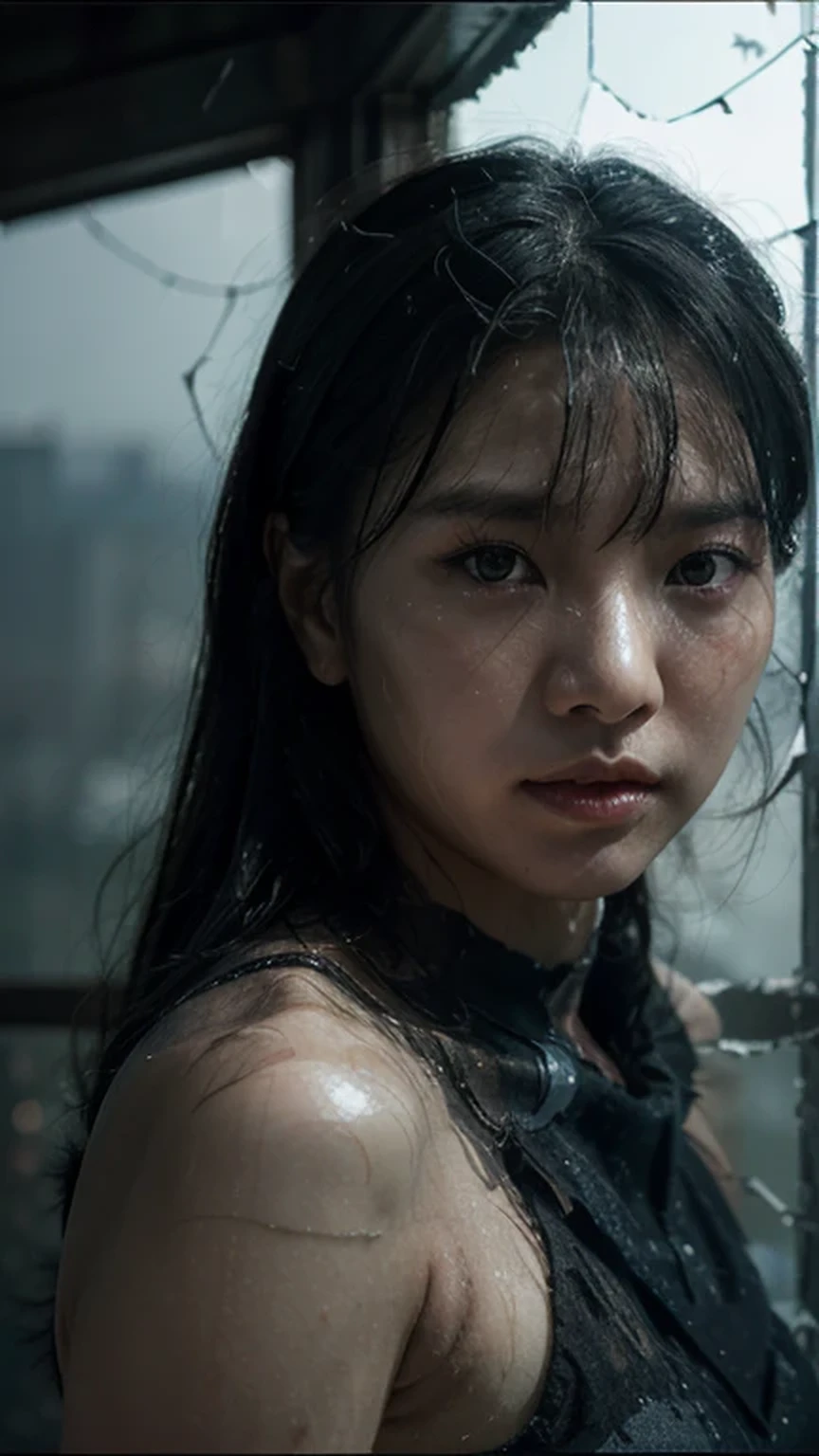 A photo that captures a dramatic and haunting scene of a korean woman's bare face, a hint of sweat visible on her skin, natural lips color, with blue ryes color, unkempt black hair visible through shattered glass, the glass grating into irregular shapes, with the light reflecting off the jagged edges, the woman's expression it's charming and intense, with her eyes staring into the distance, the background dark and slightly blurred, emphasizing the shattered glass and the woman's features.
Fog and water drops visible in the glass, mysterious atmosphere, chiarosuro, octane rendering