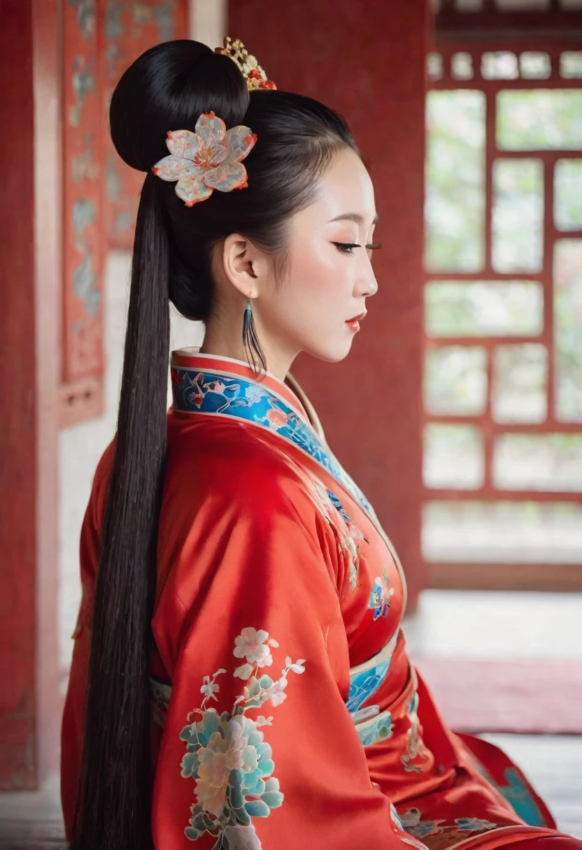 A side view of a Chinese empress, seen from close up on her buttocks. The background is a room in a Chinese palace during the Qing dynasty. She is sleeping in red Hanfu, with only her large buttocks sticking out. She is either wearing underwear or not, and her protruding buttocks are floating up.　　　　　　　　　　　　　　　　　　　　　　　　　　　　　　 Her hair is decorated with a large, flashy flower.　 The back of the hair is tied up and up.　Erotic Woman