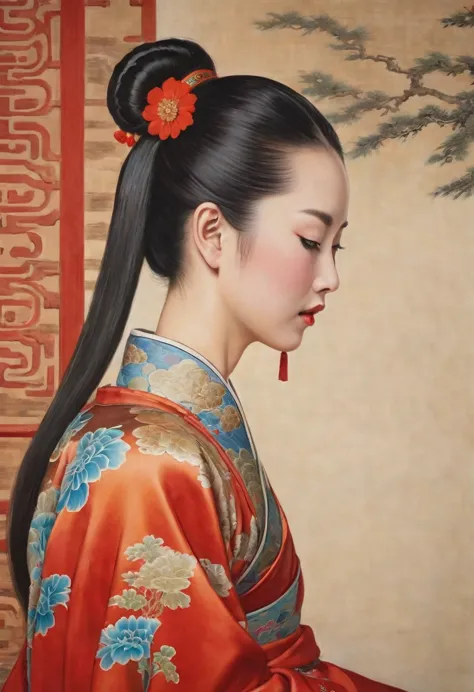 A side view of a Chinese empress, seen from close up on her buttocks. The background is a room in a Chinese palace during the Qi...