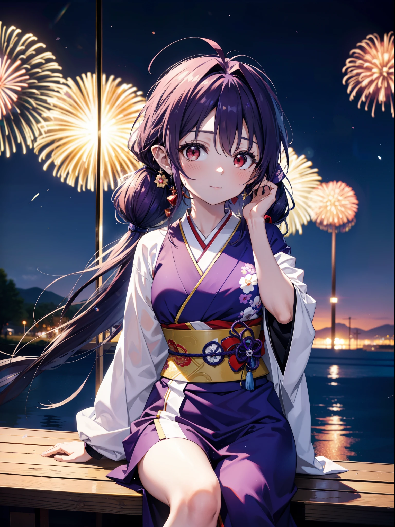 yuukikonno, Yuuki Konno, banda para el cabello, pelo largo, orejas puntiagudas, cabello morado, ahogo,(ojos rojos:1.5), (senos pequeños:1.2),cola gemela baja,sonrisa,rubor,Abre la boca,kimono morado,falda larga morada,fuegos artificiales in the night sky,fuegos artificiales,El lugar es un espectáculo de fuegos artificiales.,el tiempo es noche,Día soleado,sentado en un banco,campanas de viento,todo el cuerpoがイラストに入るよう,
BREAK mirando al espectador, , todo el cuerpo, (tiro de vaquero:1. 5)
Descansar en el interior, Veranda,Jardín japonés,
break (obra maestra:1.2), de la máxima calidad, alta resolución, Fondo de pantalla de unidad 8k, (cifra:0.8), (Hermosa atención al detalle.:1.6), rostro muy detallado, iluminación perfecta, Altamente detallado CG, (Manos perfectas, anatomía perfecta),