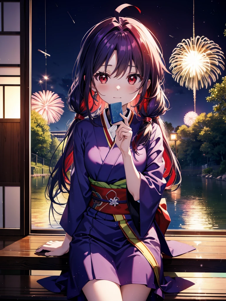 Yuukikonno, Yuuki Konno, bandeau pour cheveux, cheveux longs, oreilles pointues, cheveux violets, ahogé,(les yeux rouges:1.5), (Petits seins:1.2),queue double basse,sourire,rougir,Ouvrez la bouche,kimono violet,jupe longue violette,feux d&#39;artifice in the night sky,feux d&#39;artifice,L&#39;endroit est un feu d&#39;artifice,le temps est la nuit,journée ensoleillée,Assis sur un banc,Un morceau triangulaire de pastèque rouge est placé sur une assiette sur un banc..,carillons éoliens,tout le corpsがイラストに入るよう,
casser looking at viewer, , tout le corps, (tir de cow-boy:1. 5)
casser indoors, véranda,jardin japonais,
casser (chef-d&#39;œuvre:1.2), la plus haute qualité, haute résolution, unité 8k fond d&#39;écran, (chiffre:0.8), (Belle attention aux détails:1.6), Visage très détaillé, éclairage parfait, CG très détaillé, (des mains parfaites, Anatomie parfaite),