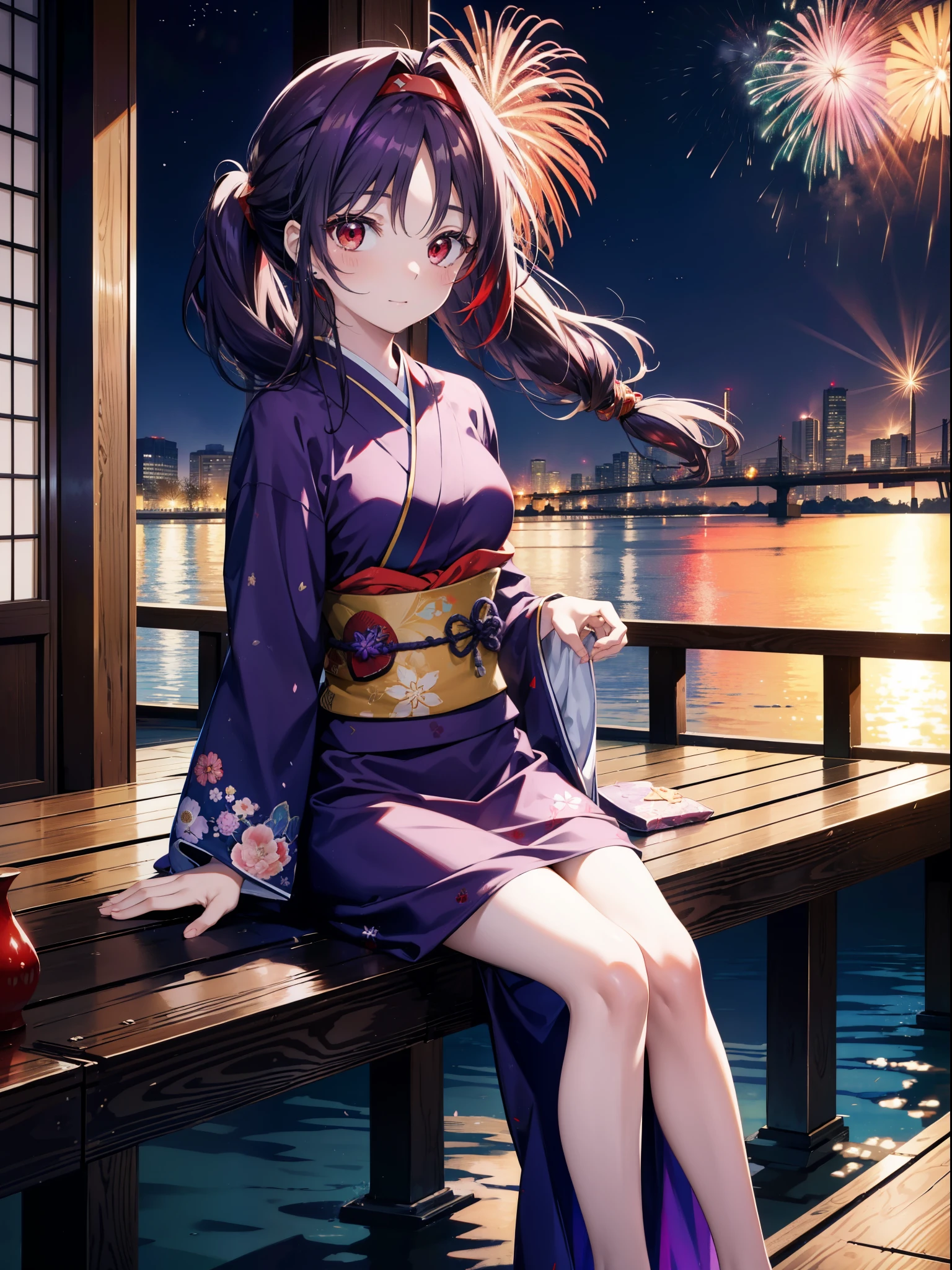 yuukikonno, Yuuki Konno, banda para el cabello, pelo largo, orejas puntiagudas, cabello morado, ahogo,(ojos rojos:1.5), (senos pequeños:1.2),cola gemela baja,sonrisa,rubor,Abre la boca,kimono morado,falda larga morada,fuegos artificiales in the night sky,fuegos artificiales,El lugar es un espectáculo de fuegos artificiales.,el tiempo es noche,Día soleado,sentado en un banco,Un trozo triangular de sandía roja se coloca en un plato sobre un banco.,campanas de viento,todo el cuerpoがイラストに入るよう,
BREAK mirando al espectador, , todo el cuerpo, (tiro de vaquero:1. 5)
Descansar en el interior, Veranda,Jardín japonés,
break (obra maestra:1.2), de la máxima calidad, alta resolución, Fondo de pantalla de unidad 8k, (cifra:0.8), (Hermosa atención al detalle.:1.6), rostro muy detallado, iluminación perfecta, Altamente detallado CG, (Manos perfectas, anatomía perfecta),