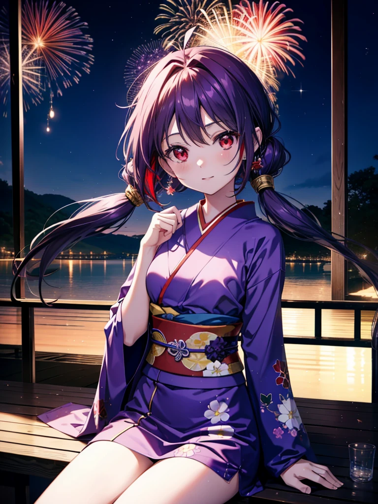 yuukikonno, Yuuki Konno, banda para el cabello, pelo largo, orejas puntiagudas, cabello morado, ahogo,(ojos rojos:1.5), (senos pequeños:1.2),cola gemela baja,sonrisa,rubor,Abre la boca,kimono morado,falda larga morada,fuegos artificiales in the night sky,fuegos artificiales,El lugar es un espectáculo de fuegos artificiales.,el tiempo es noche,Día soleado,sentado en un banco,campanas de viento,todo el cuerpoがイラストに入るよう,
BREAK mirando al espectador, , todo el cuerpo, (tiro de vaquero:1. 5)
Descansar en el interior, Veranda,Jardín japonés,
break (obra maestra:1.2), de la máxima calidad, alta resolución, Fondo de pantalla de unidad 8k, (cifra:0.8), (Hermosa atención al detalle.:1.6), rostro muy detallado, iluminación perfecta, Altamente detallado CG, (Manos perfectas, anatomía perfecta),