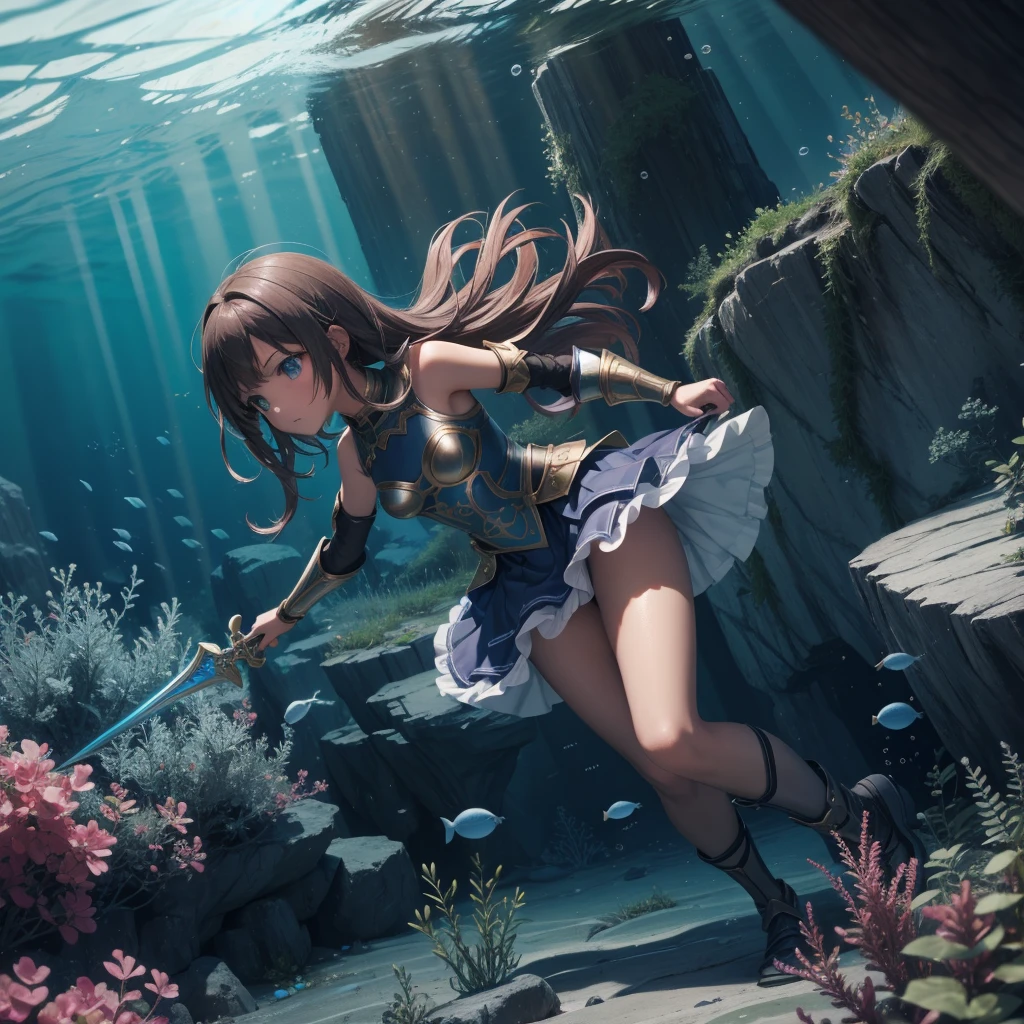 最high quality、high quality、Simple cloth armor、１０Year-old girl adventurer、Dark underground maze、Matt、skirt、Equipped with a dagger and a shield, The lower body is underwater, Underwater Photography、浮力でskirtがめくれる