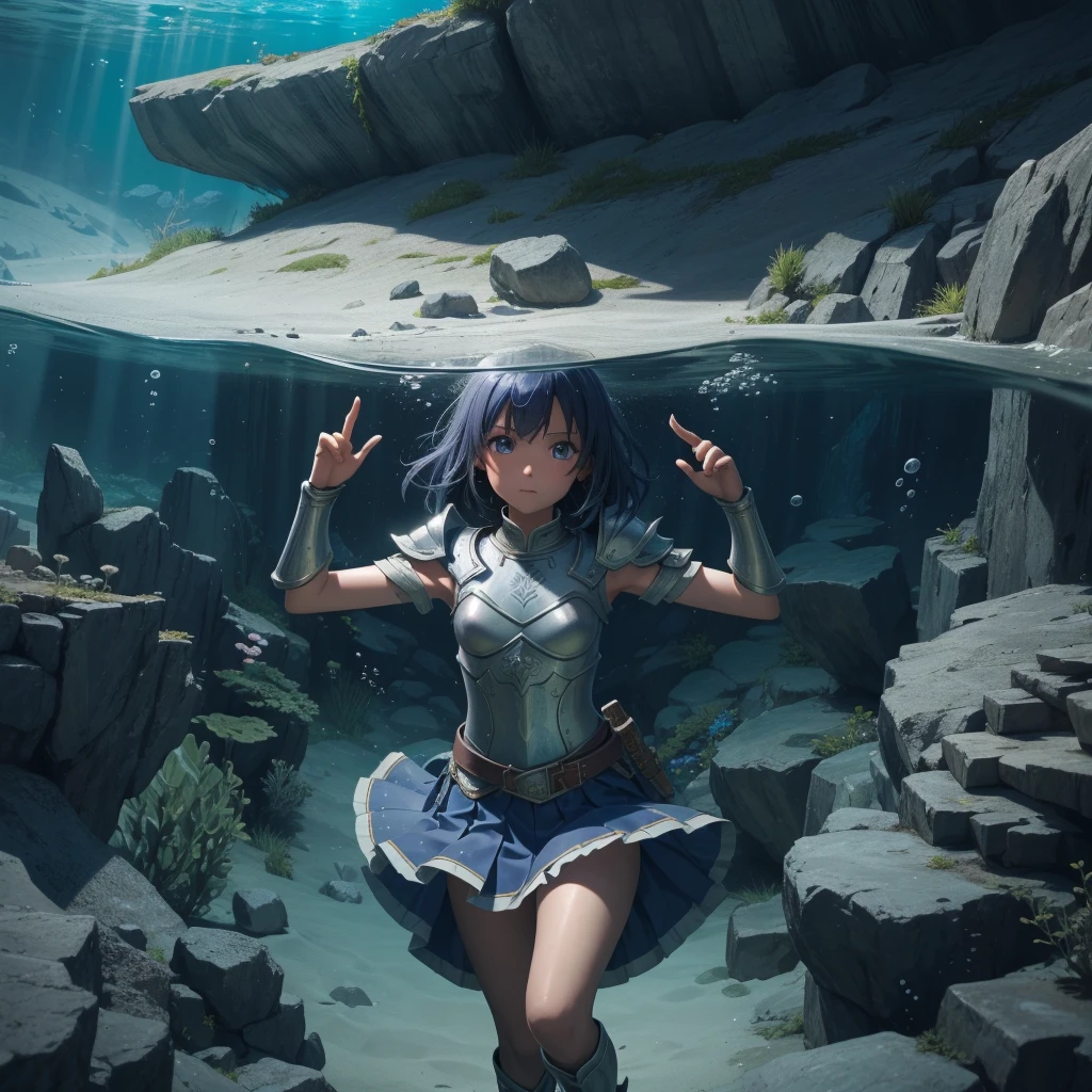 最high quality、high quality、Simple cloth armor、１０Year-old girl adventurer、Dark underground maze、Matt、skirt、Equipped with a dagger and a shield, The lower body is underwater, Underwater Photography、浮力でskirtがめくれる