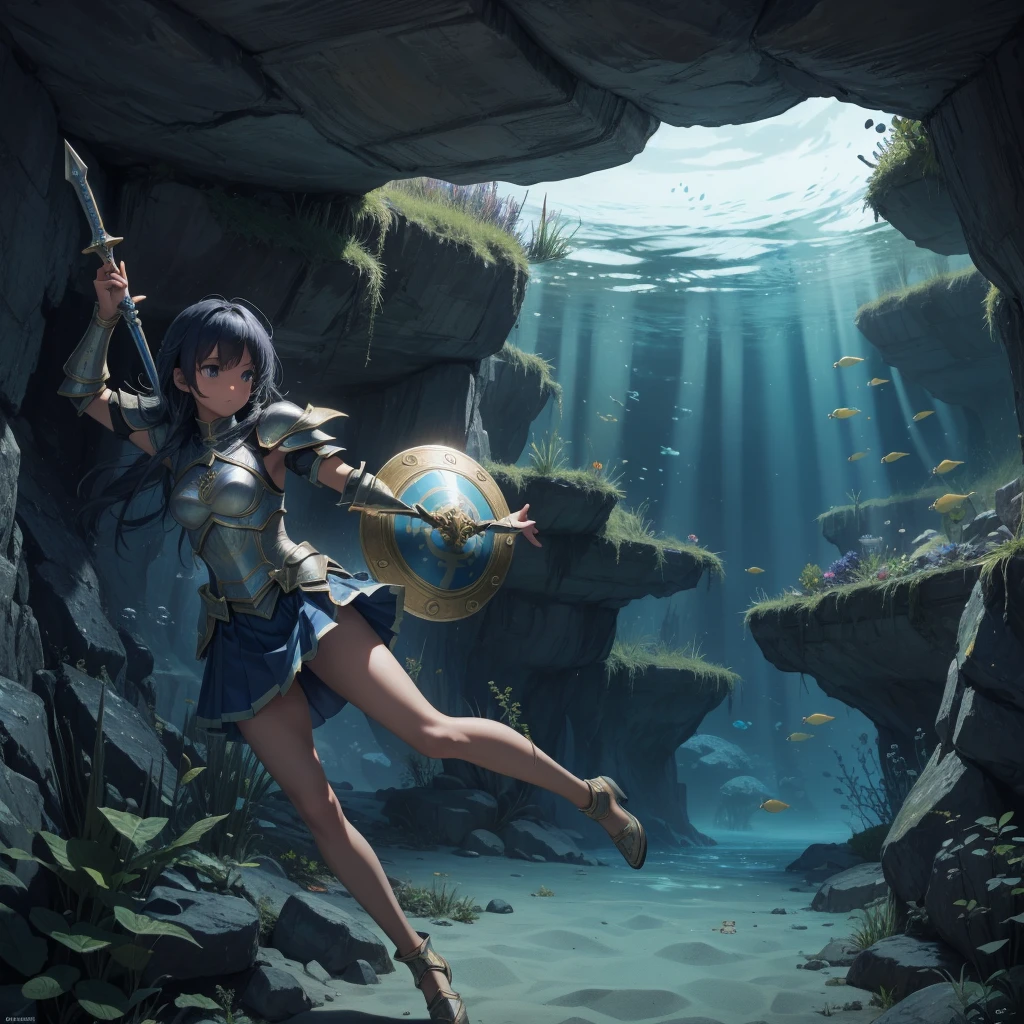 最high quality、high quality、Simple cloth armor、１０Year-old girl adventurer、Dark underground maze、Matt、skirt、Equipped with a dagger and a shield, The lower body is underwater, Underwater Photography、浮力でskirtがめくれる