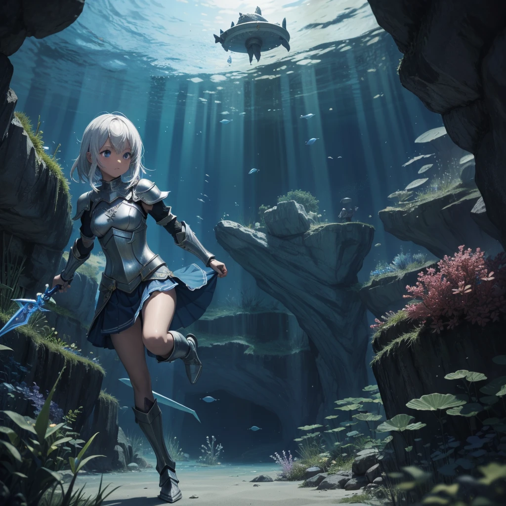 最high quality、high quality、Simple cloth armor、１０Year-old girl adventurer、Dark underground maze、Matt、skirt、Equipped with a dagger and a shield, The lower body is underwater, Underwater Photography、浮力でskirtがめくれる