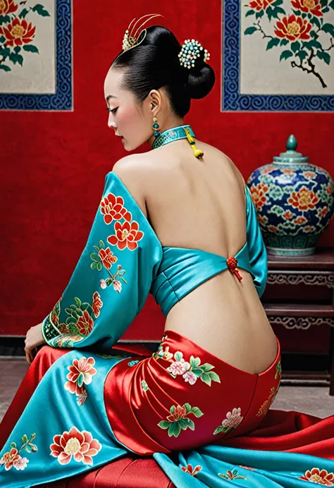 a side view of a chinese empress, seen from close up on her buttocks. the background is a room in a chinese palace during the qi...