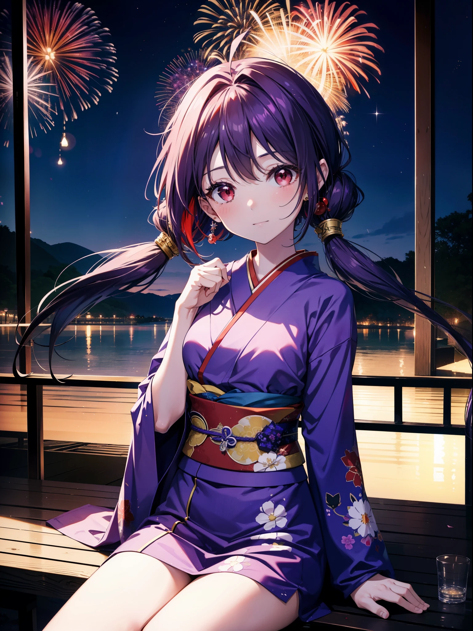 yuukikonno, Yuuki Konno, hair band, Long Hair, Pointed Ears, Purple Hair, Ahoge,(Red eyes:1.5), (Small breasts:1.2),low twin tail,smile,blush,Open your mouth,Purple Kimono,Purple long skirt,Fireworks in the night sky,Fireworks,The place is a fireworks display,Time is night,sunny day,Sitting on a bench,Wind Chimes,whole bodyがイラストに入るよう,
break looking at viewer, , whole body, (Cowboy Shot:1. 5)
break indoors, Veranda,Japanese garden,
break (masterpiece:1.2), Highest quality, High resolution, unity 8k wallpaper, (figure:0.8), (Beautiful attention to detail:1.6), Highly detailed face, Perfect lighting, Highly detailed CG, (Perfect hands, Perfect Anatomy),