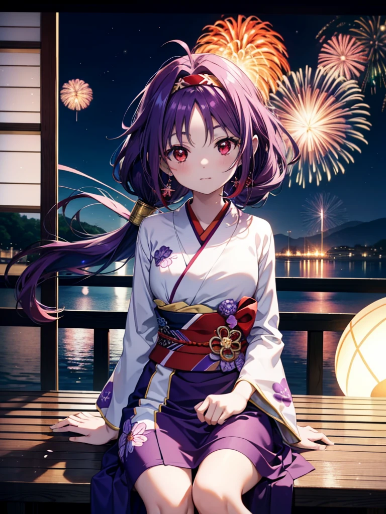 yuukikonno, Yuuki Konno, banda para el cabello, pelo largo, orejas puntiagudas, cabello morado, ahogo,(ojos rojos:1.5), (senos pequeños:1.2),cola gemela baja,sonrisa,rubor,Abre la boca,kimono morado,falda larga morada,fuegos artificiales in the night sky,fuegos artificiales,El lugar es un espectáculo de fuegos artificiales.,el tiempo es noche,Día soleado,sentado en un banco,campanas de viento,todo el cuerpoがイラストに入るよう,
BREAK mirando al espectador, , todo el cuerpo, (tiro de vaquero:1. 5)
Descansar en el interior, Veranda,Jardín japonés,
break (obra maestra:1.2), de la máxima calidad, alta resolución, Fondo de pantalla de unidad 8k, (cifra:0.8), (Hermosa atención al detalle.:1.6), rostro muy detallado, iluminación perfecta, Altamente detallado CG, (Manos perfectas, anatomía perfecta),