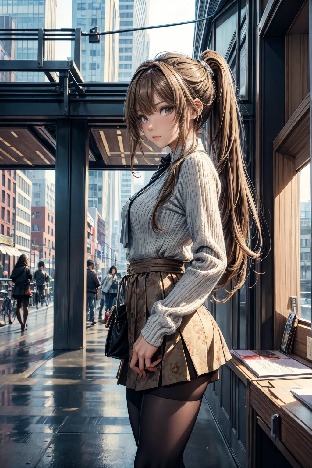 (masterpiece, Highest quality), Intricate details, 8k, Art Station, wallpaper, Official Art,  Sharp focus, One girl, Long Hair,ponytail,  Brown Hair, , office lady,Tight Skirt、slit、tights、 printing, Cold Eyes , Muddy eyes、skyscraper, city, building, car, street,