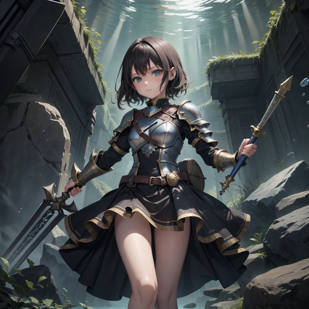 最high quality、high quality、Simple cloth armor、１０Year-old girl adventurer、Dark underground maze、Matt、skirt、Equipped with a dagger and a shield, The lower body is underwater, Underwater Photography、浮力でskirtがめくれる