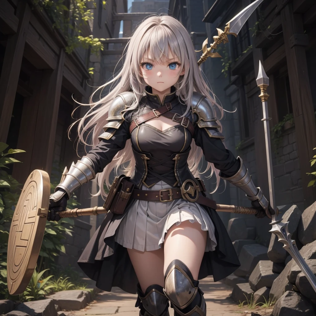 最high quality、high quality、Simple cloth armor、１０Year-old girl adventurer、Dark underground maze、Matt、skirt、Equipped with a spear and shield，On the battlefield