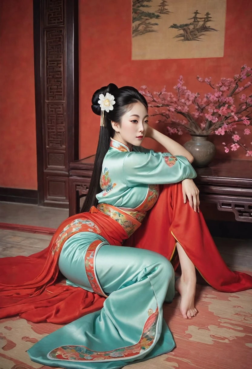 A side view of a Chinese empress, relaxing with her buttocks exposed and her legs stretched out. The background is a room in a Chinese palace during the Qing dynasty. She is sleeping in red Hanfu with only her large buttocks sticking out. She is either wearing underwear or not, and her protruding buttocks are floating up.　　　　　　　　　　　　　　　　　　　　　　　　　　　　　　 Her hair is decorated with a large, flashy flower.　 The back of the hair is tied up and up.　Erotic Woman