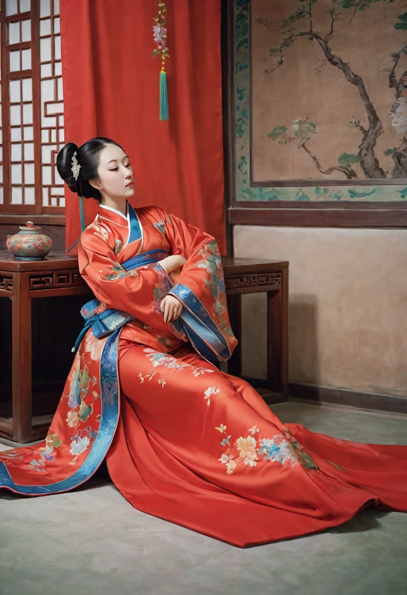 A side view of a Chinese empress, relaxing with her buttocks exposed and her legs stretched out. The background is a room in a Chinese palace during the Qing dynasty. She is sleeping in red Hanfu with only her large buttocks sticking out. She is either wearing underwear or not, and her protruding buttocks are floating up.　　　　　　　　　　　　　　　　　　　　　　　　　　　　　　 Her hair is decorated with a large, flashy flower.　 The back of the hair is tied up and up.　Erotic Woman