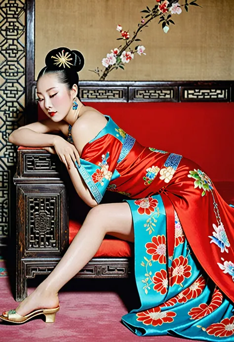 a side view of a chinese empress, relaxing with her buttocks exposed and her legs stretched out. the background is a room in a c...