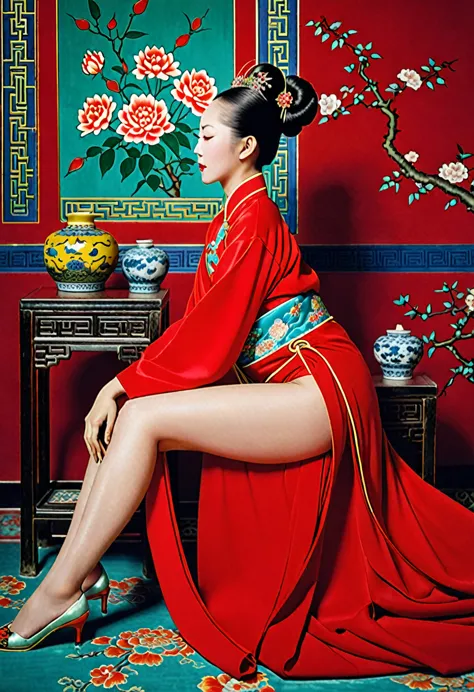 a side view of a chinese empress, relaxing with her buttocks exposed and her legs stretched out. the background is a room in a c...