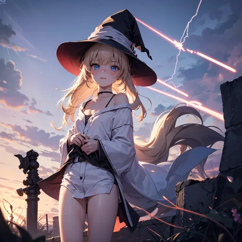 1 girl, trap, blonde hair, one-side long braid, blue eyes, flat chest, a short person, white robe, ,(witch hat）， （18 years old），...