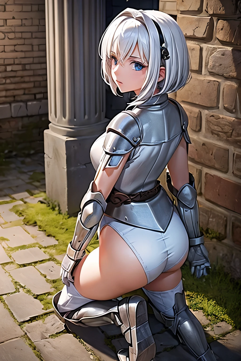 ((masterpiece))), (((best quality))), ((ultra-detailed)), (cinematic lighting), (illustration), (beautiful detailed eyes), (1girl), full body, knight, armour, light hair, best quality, expressive eyes, perfect face, Girl: (20s, white hair, short hair, white jumpsuit, grey and blue armour, black gloves, knee boots), dungeon, brick floor, stone floor, underground, moss, walking, armored leotard, back, back focus
