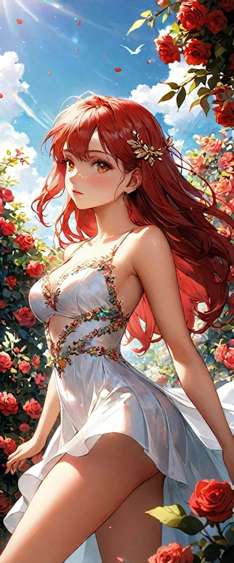 A detailed female anime babe , detailed long ((red hair)) with ((golden eyes)) in a angular cinematic scene having a unique pose...
