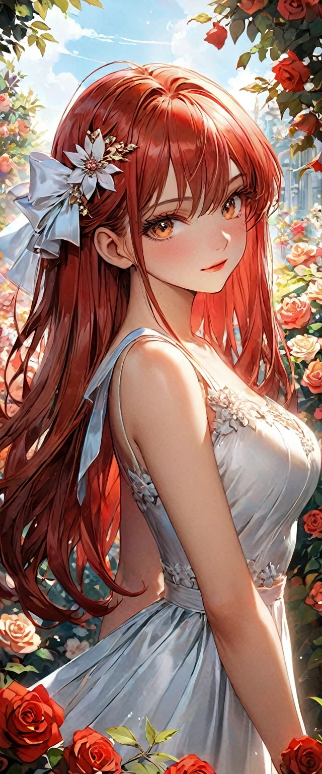 A detailed female anime babe , detailed long ((red hair)) with ((golden eyes)) in a angular cinematic scene having a unique pose with detailed vibrant color , high graphics , (clear clarification) wearing a sexy white dress (wiith a physically fit body) in a detailed full background of a (floral garden filled with different color rose) using high intensity coloration , unreal engine , high definition in 32k resolution using super fine quality linings,огромная грудь,с ягодиц стекает мужское семя,сочная вагина, хочет секса, занимается сексом с мужчиной лёжа, стонет от удовольствия 