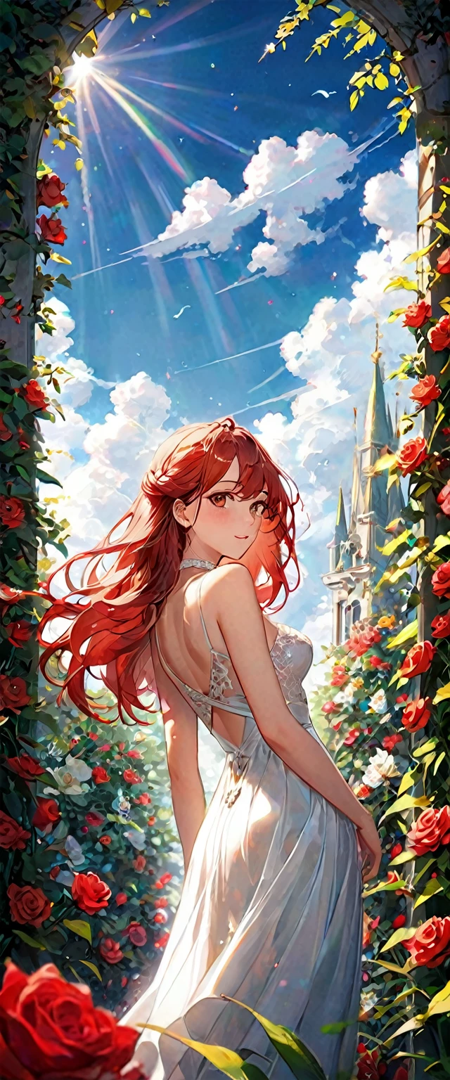 A detailed female anime babe , detailed long ((red hair)) with ((golden eyes)) in a angular cinematic scene having a unique pose with detailed vibrant color , high graphics , (clear clarification) wearing a sexy white dress (wiith a physically fit body) in a detailed full background of a (floral garden filled with different color rose) using high intensity coloration , unreal engine , high definition in 32k resolution using super fine quality linings,огромная грудь,с ягодиц стекает мужское семя,сочная вагина, хочет секса, занимается сексом с мужчиной лёжа, стонет от удовольствия 